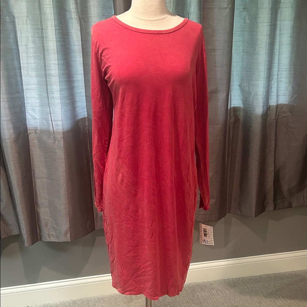 LuLaRoe Debbie Stone Wash Solid Red Long Sleeve Dress UNICORN new! Size XL